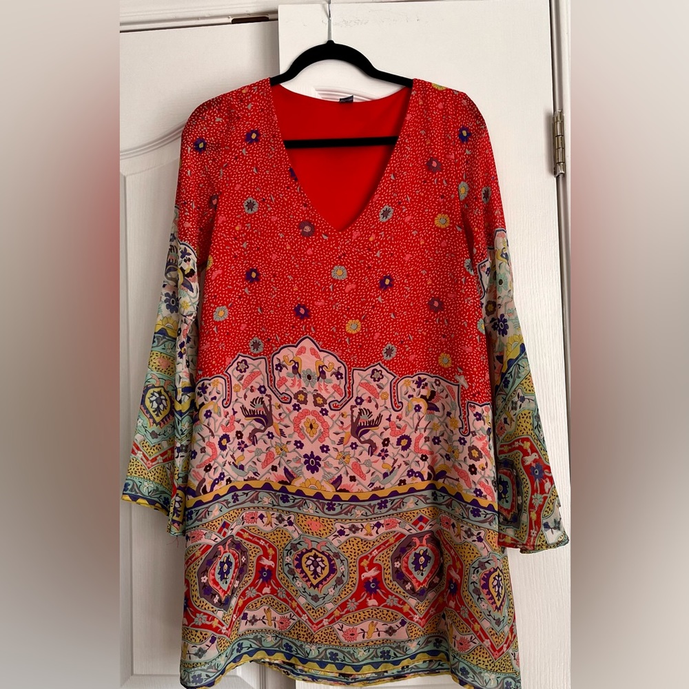 PRONTO WOMENS DRESS, RED PRINT, size unknown, see measurements.